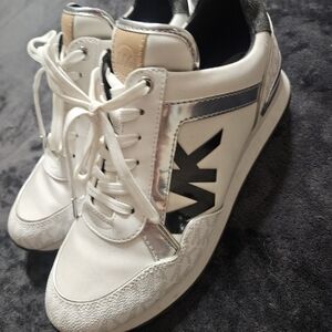 Michael Kors White Sneakers with Black 'MK' Logo and Metallic Accents
